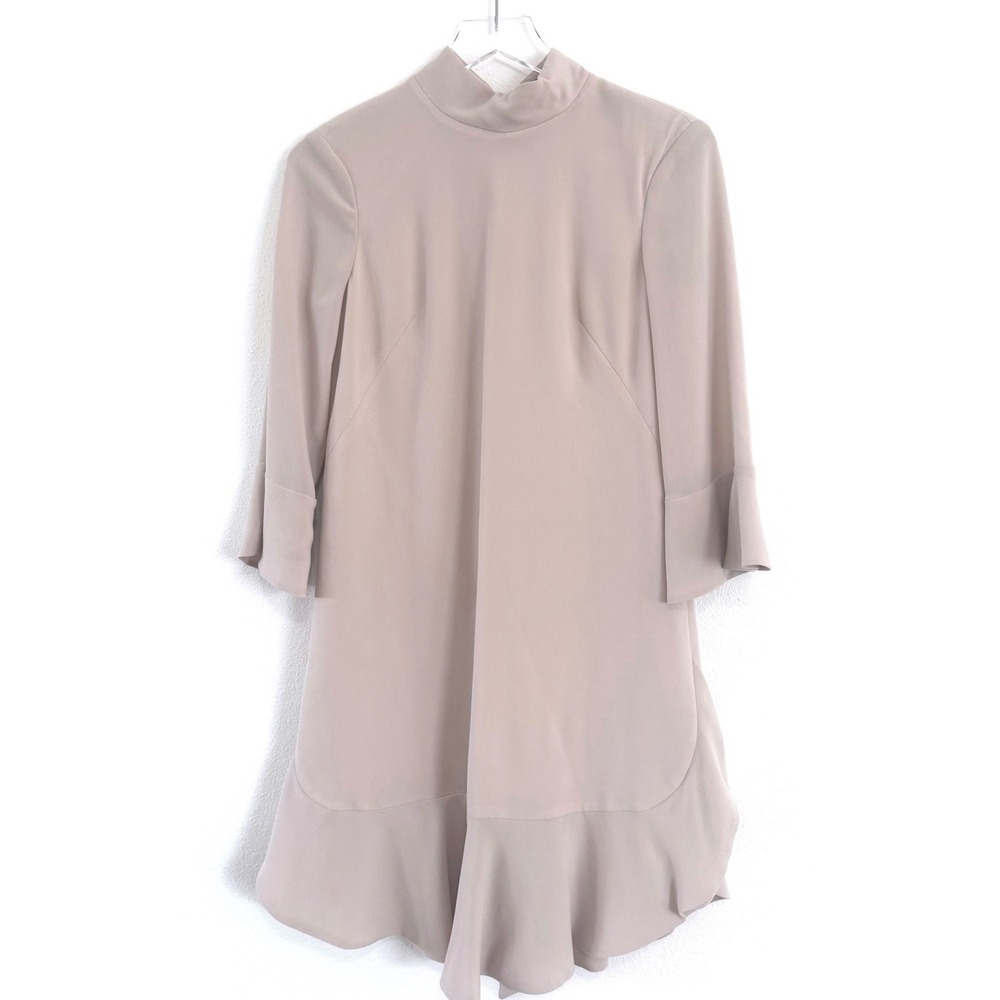 Karen Millen | Mock-Neck Long Sleeve‎ Ruffled Flounce Cream Shift Dress